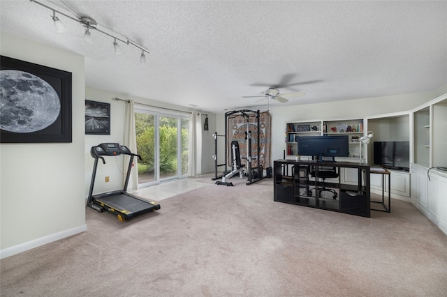 5390 Post Rd Unit 9, Warwick, RI 02818 - workout room with a textured ceiling, carpet flooring, a ceiling fan, track lighting, and baseboards