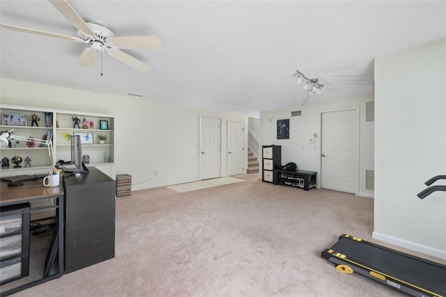 5390 Post Rd Unit 9, Warwick, RI 02818 - carpeted living room with a ceiling fan, stairway, and rail lighting