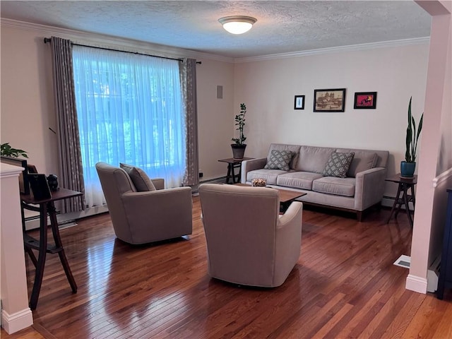 60 Farm Dr, Cumberland, RI 02864 - living room featuring hardwood / wood-style floors, a textured ceiling, crown molding, and a baseboard radiator