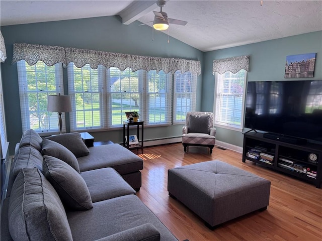 60 Farm Dr, Cumberland, RI 02864 - living room featuring wood finished floors, a baseboard radiator, ceiling fan, and baseboards