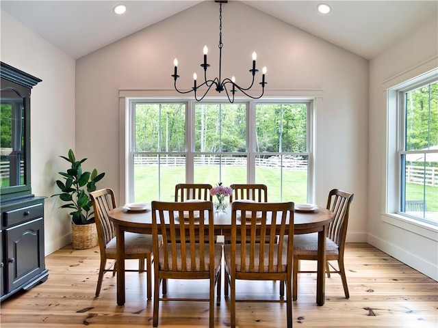 1 Hinter Way, Little Compton, RI 02837 - dining room with a chandelier, lofted ceiling, light wood-style floors, baseboards, and recessed lighting