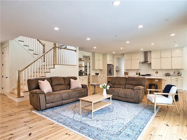 1 Hinter Way, Little Compton, RI 02837 - living room featuring light wood-style floors, stairs, and recessed lighting