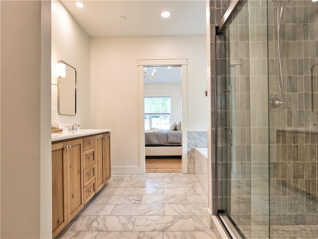 1 Hinter Way, Little Compton, RI 02837 - bathroom featuring marble finish flooring, vanity, connected bathroom, a shower stall, and recessed lighting