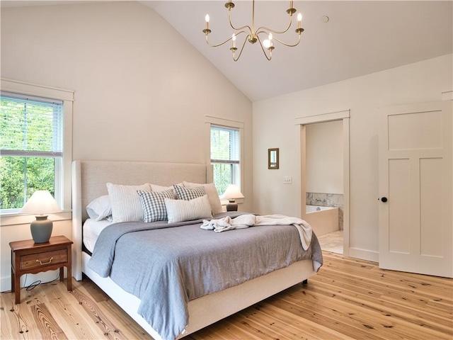 1 Hinter Way, Little Compton, RI 02837 - bedroom featuring a chandelier, light wood-style flooring, high vaulted ceiling, and ensuite bath