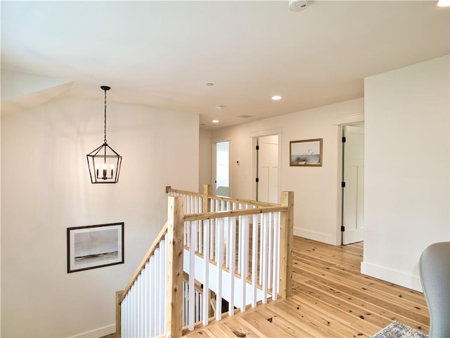 1 Hinter Way, Little Compton, RI 02837 - hallway featuring an upstairs landing, baseboards, light wood-style floors, a chandelier, and recessed lighting