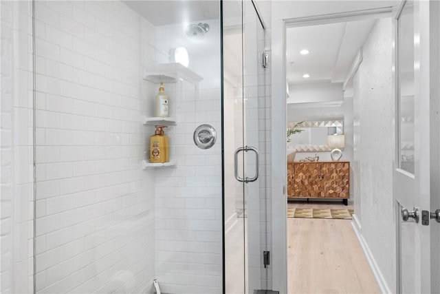 426 Spring St Unit B101, Newport, RI 02840 - full bathroom with wood finished floors, ensuite bathroom, and a stall shower