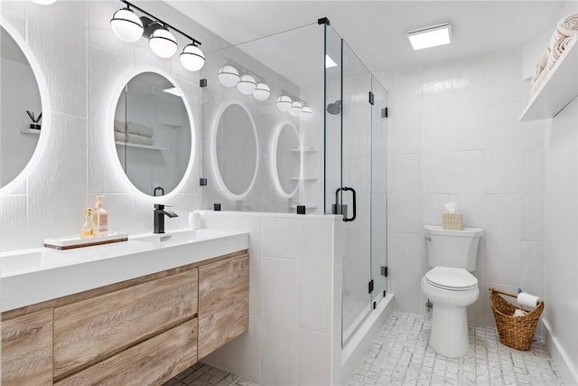 426 Spring St Unit B101, Newport, RI 02840 - full bath with vanity, toilet, a shower stall, tile walls, and tile patterned floors