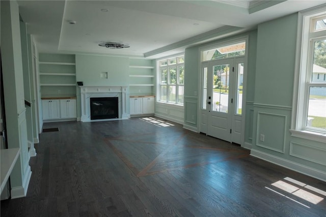 9 Chase Ln, Lincoln, RI 02865 - unfurnished living room with built in shelves, ornamental molding, a high end fireplace, a decorative wall, and a wainscoted wall