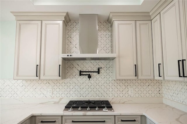 9 Chase Ln, Lincoln, RI 02865 - kitchen with wall chimney exhaust hood, backsplash, stainless steel gas stovetop, and light stone counters