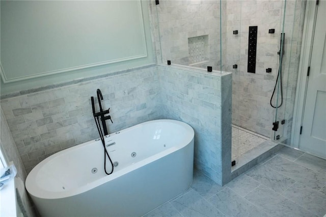 9 Chase Ln, Lincoln, RI 02865 - bathroom featuring tile walls, a tub with jets, and a stall shower