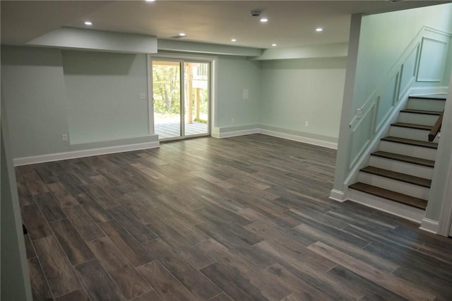 9 Chase Ln, Lincoln, RI 02865 - basement with dark wood-style flooring, stairs, baseboards, and recessed lighting