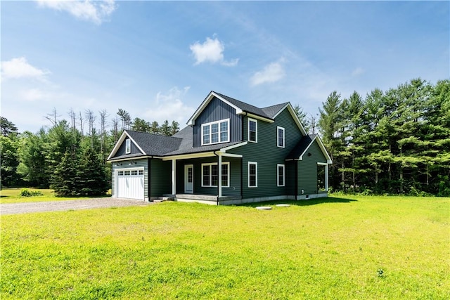 125 Fairview Ave, Hopkinton, RI 02832 - view of front of property featuring gravel driveway, a garage, a porch, and a front lawn