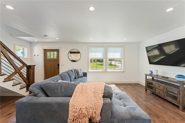 23 Hemlock St, Narragansett, RI 02882 - living room featuring stairs, baseboards, dark wood-style floors, and recessed lighting