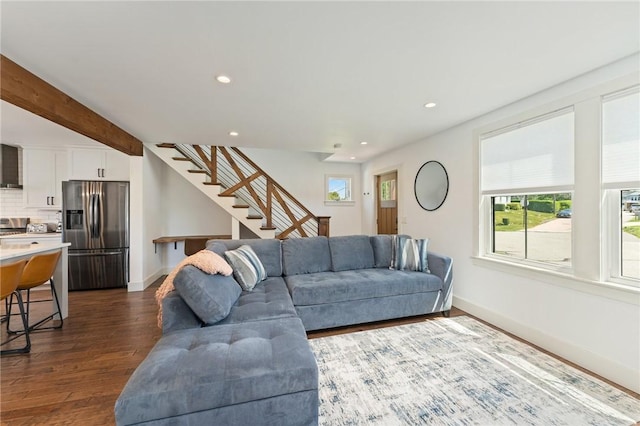 23 Hemlock St, Narragansett, RI 02882 - living area featuring stairs, dark wood-style flooring, recessed lighting, and baseboards