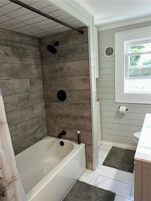 21 Baldwin Rd, Warwick, RI 02886 - full bath featuring shower / bath combo with shower curtain, vanity, tile patterned floors, toilet, and wooden walls