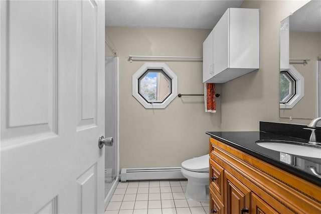 53 Morgan Ct, North Kingstown, RI 02852 - full bathroom featuring a baseboard heating unit, tile patterned floors, vanity, and a shower