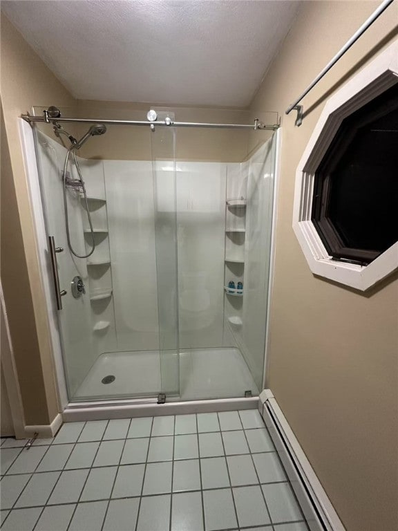 53 Morgan Ct, North Kingstown, RI 02852 - full bathroom with a shower stall, baseboard heating, and tile patterned flooring
