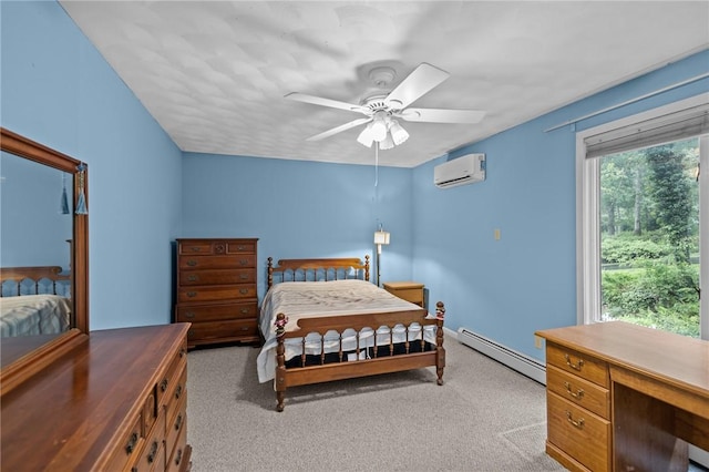 53 Morgan Ct, North Kingstown, RI 02852 - bedroom featuring a baseboard heating unit, a wall mounted air conditioner, light colored carpet, and a ceiling fan