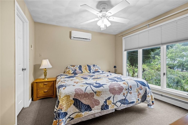 53 Morgan Ct, North Kingstown, RI 02852 - carpeted bedroom with an AC wall unit, multiple windows, baseboard heating, and a ceiling fan