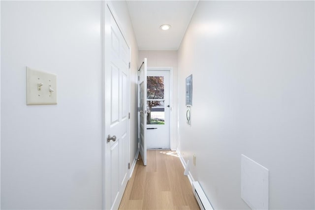 130 Hunts Ave, Pawtucket, RI 02861 - hall featuring light wood-style flooring, a baseboard radiator, baseboards, and recessed lighting