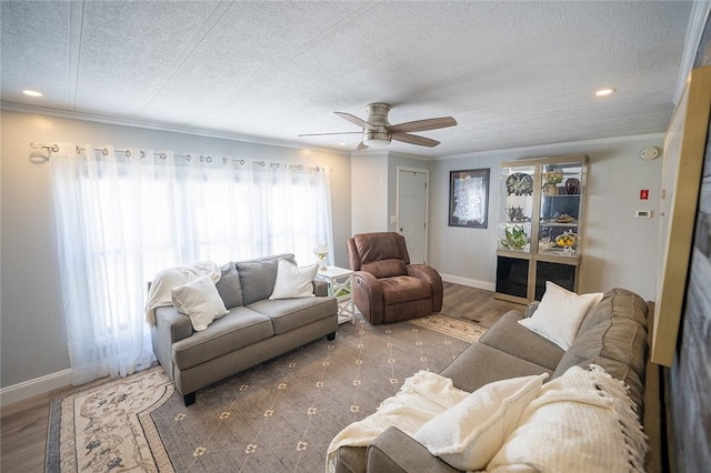 7 Lane D Dr, Coventry, RI 02816 - living room featuring wood finished floors, a textured ceiling, baseboards, ornamental molding, and a ceiling fan