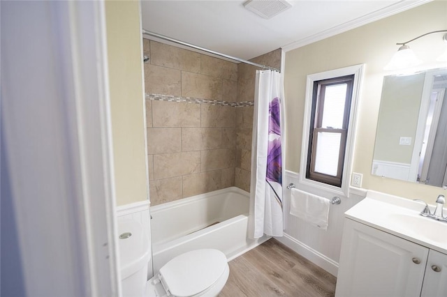 7 Lane D Dr, Coventry, RI 02816 - bathroom featuring vanity, shower / tub combo with curtain, wood finished floors, toilet, and crown molding
