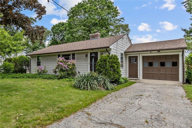199 Vaughn Ave, Warwick, RI 02886 - ranch-style house with driveway, an attached garage, a front lawn, a chimney, and a shingled roof