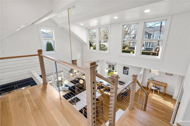 14 Robinson St, Narragansett, RI 02882 - stairway featuring wood finished floors, recessed lighting, baseboards, and high vaulted ceiling