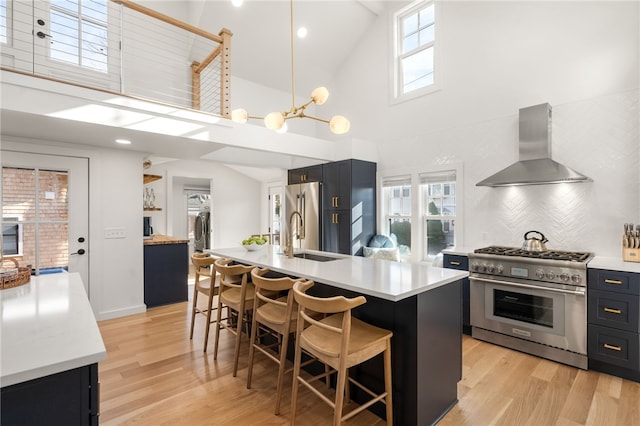 14 Robinson St, Narragansett, RI 02882 - kitchen featuring high end appliances, wall chimney exhaust hood, high vaulted ceiling, a sink, and light countertops