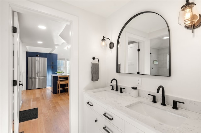 14 Robinson St, Narragansett, RI 02882 - bathroom featuring double vanity, wood finished floors, recessed lighting, and a shower