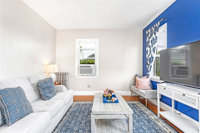 165 Wentworth Ave Unit 2E, Cranston, RI 02905 - living room featuring healthy amount of natural light, radiator heating unit, cooling unit, and wood finished floors
