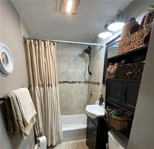 86 Edgemere Ave, Providence, RI 02909 - bathroom with shower / bathtub combination with curtain, vanity, and tile patterned floors
