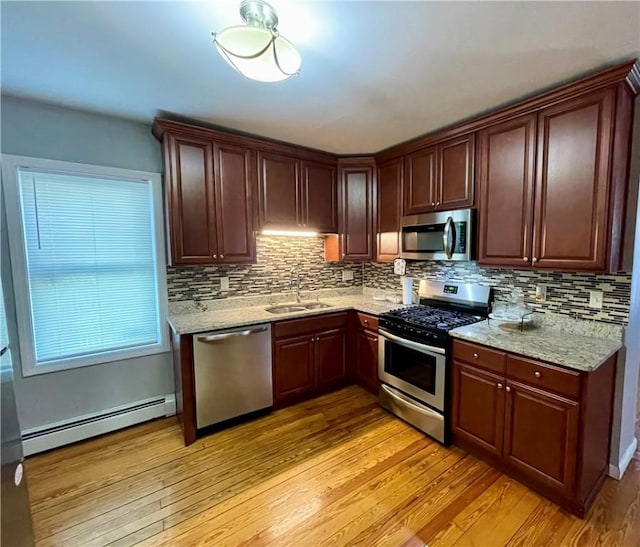 86 Edgemere Ave, Providence, RI 02909 - kitchen with appliances with stainless steel finishes, baseboard heating, a sink, light wood-type flooring, and backsplash