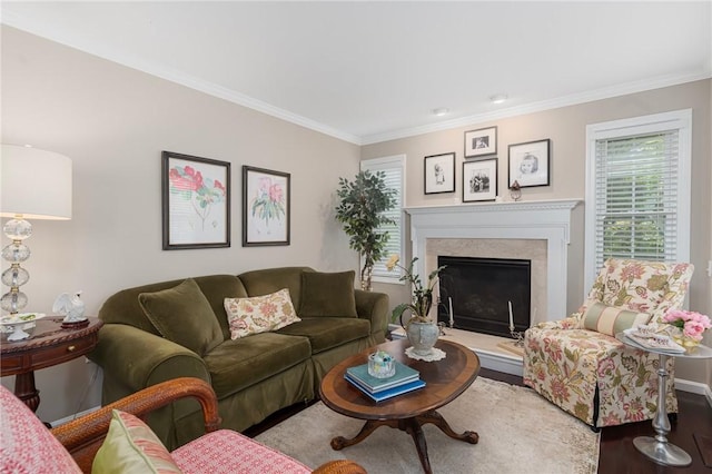 3 Berm Dr, Cumberland, RI 02864 - living room featuring crown molding, wood finished floors, a high end fireplace, and baseboards