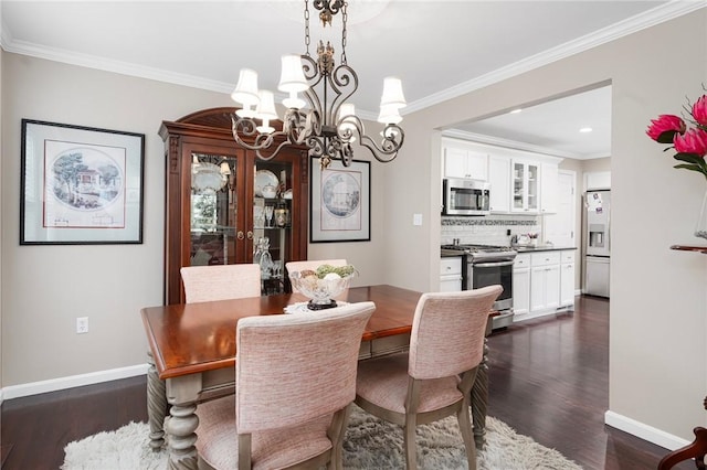 3 Berm Dr, Cumberland, RI 02864 - dining space with dark wood-style floors, a chandelier, baseboards, ornamental molding, and recessed lighting