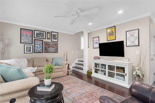 3 Berm Dr, Cumberland, RI 02864 - living area featuring crown molding, ornate columns, wood finished floors, baseboards, and recessed lighting