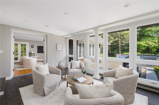 211 Rumstick Rd, Barrington, RI 02806 - living room featuring french doors, dark wood finished floors, and decorative columns