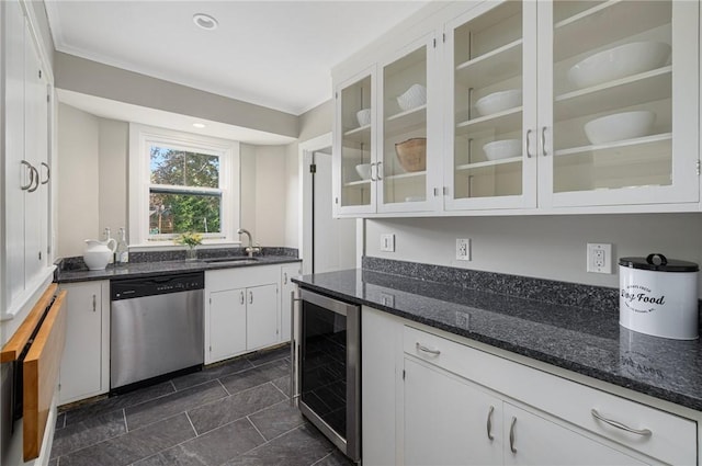 211 Rumstick Rd, Barrington, RI 02806 - kitchen with dishwasher, wine cooler, crown molding, white cabinets, and dark stone countertops