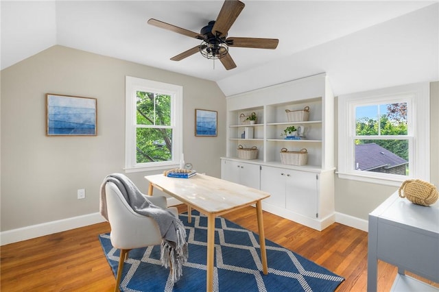211 Rumstick Rd, Barrington, RI 02806 - dining space featuring vaulted ceiling, a ceiling fan, light wood-style flooring, and a desk