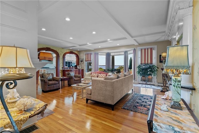 33 Courageous Cir, Bristol, RI 02809 - living room featuring light wood finished floors, recessed lighting, beam ceiling, and coffered ceiling