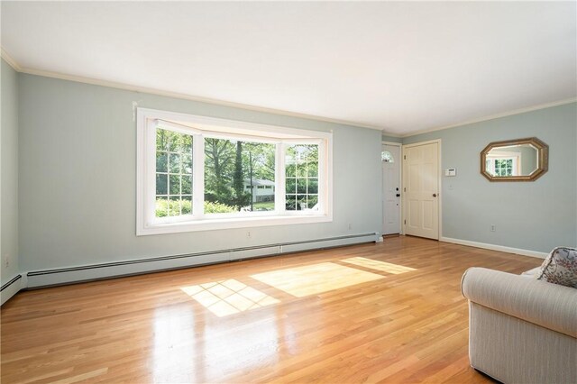 70 High Ridge Dr, Cumberland, RI 02864 - living room featuring ornamental molding, a baseboard radiator, light wood-style floors, and baseboards