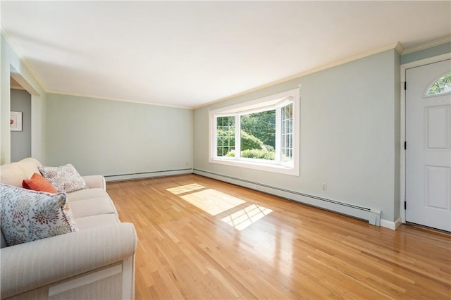 70 High Ridge Dr, Cumberland, RI 02864 - living room with ornamental molding, plenty of natural light, wood finished floors, a baseboard heating unit, and baseboard heating