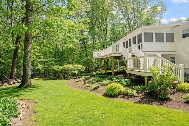 70 High Ridge Dr, Cumberland, RI 02864 - view of grassy yard with stairs, a wooden deck, and a sunroom