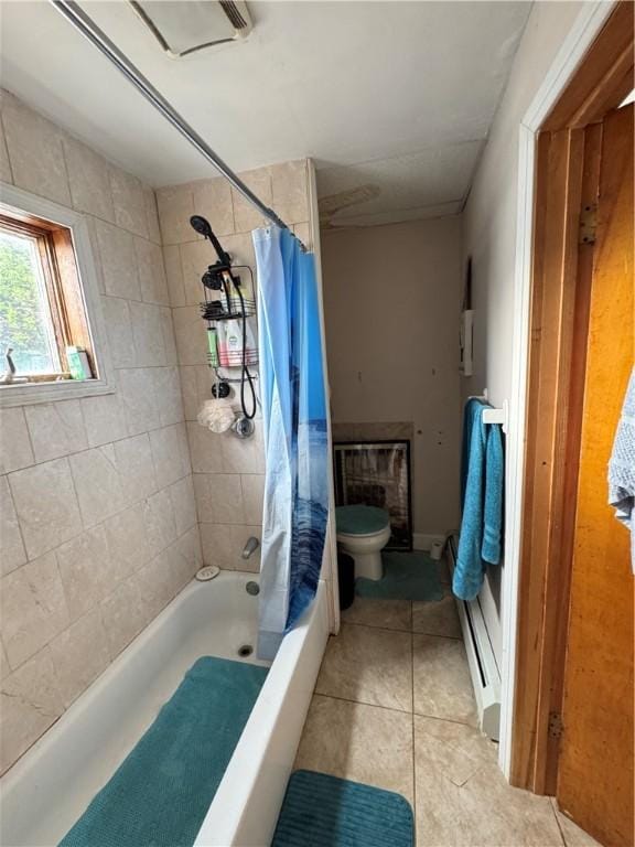 143 Mineral Spring Ave, Pawtucket, RI 02860 - full bath with toilet, a baseboard radiator, shower / bath combo, and tile patterned flooring
