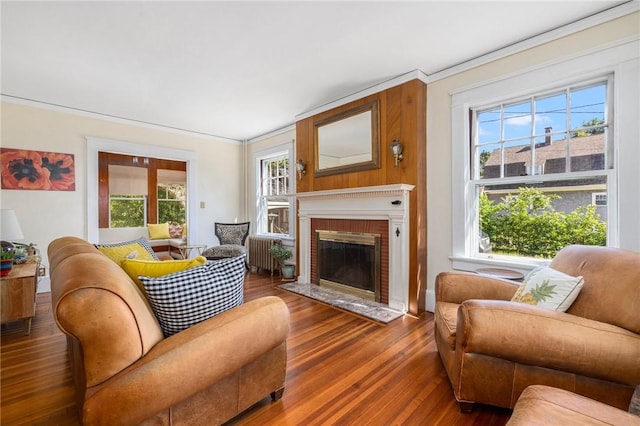 130 Highland Rd, Tiverton, RI 02878 - living room featuring wood finished floors, a fireplace, crown molding, plenty of natural light, and radiator