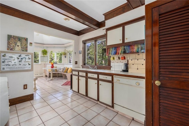 130 Highland Rd, Tiverton, RI 02878 - kitchen featuring dishwasher, light tile patterned floors, healthy amount of natural light, baseboard heating, and beam ceiling