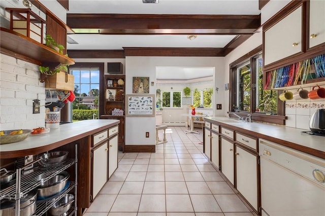 130 Highland Rd, Tiverton, RI 02878 - kitchen featuring dishwasher, open shelves, tasteful backsplash, light tile patterned floors, and light countertops