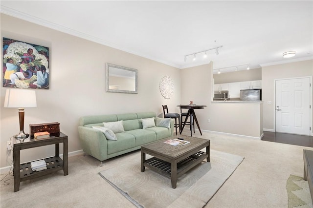 1000 Providence Pl Unit 142, Providence, RI 02903 - living room featuring rail lighting, light colored carpet, ornamental molding, and baseboards