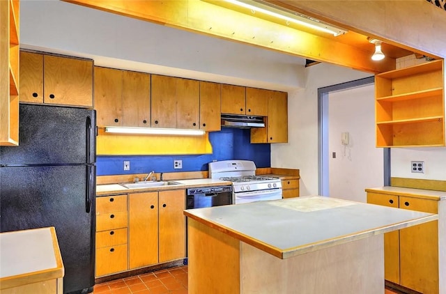 116 Chestnut St Unit G, Providence, RI 02903 - kitchen featuring black appliances, under cabinet range hood, a sink, light countertops, and open shelves