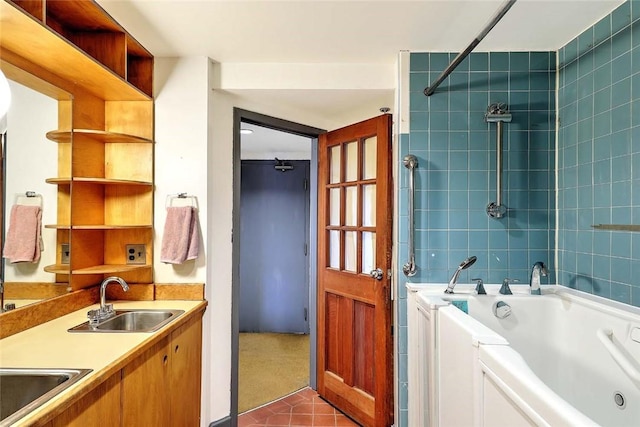116 Chestnut St Unit G, Providence, RI 02903 - full bathroom featuring tile patterned floors, a combined bath / shower with jetted tub, and double vanity